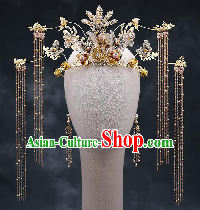 Top Chinese Traditional Golden Tassel Phoenix Coronet Wedding Bride Handmade Hairpins Hair Accessories Complete Set