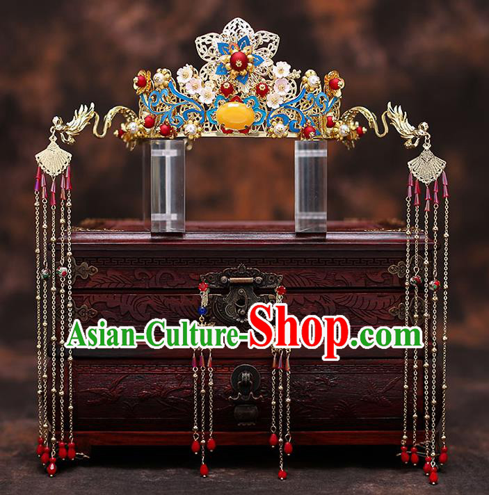 Top Chinese Traditional Blue Hair Crown Wedding Bride Handmade Hairpins Hair Accessories Complete Set