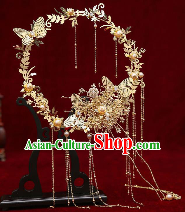 Chinese Traditional Wedding Golden Butterfly Fan Ancient Bride Palace Fans for Women