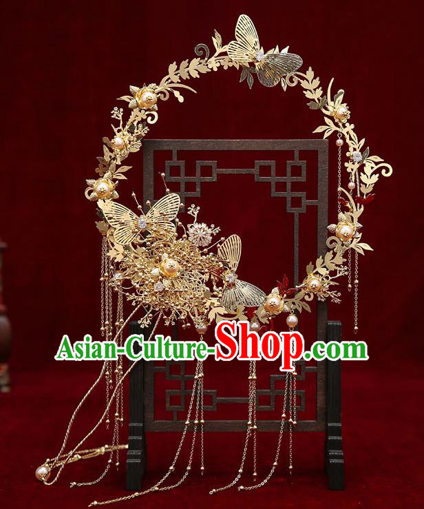 Chinese Traditional Wedding Golden Butterfly Fan Ancient Bride Palace Fans for Women
