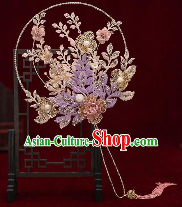 Chinese Traditional Wedding Prop Purple Leaf Palace Fans Ancient Bride Round Fan for Women