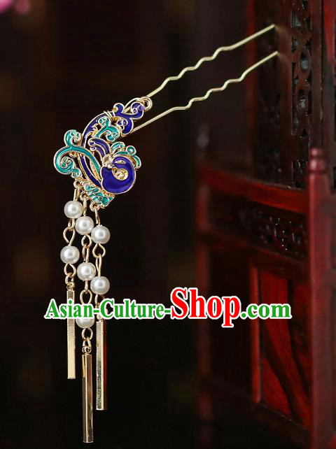 Top Chinese Traditional Blue Peacock Tassel Hair Clip Handmade Hanfu Hairpins Hair Accessories for Women