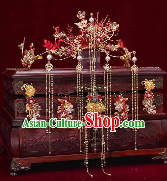 Top Chinese Traditional Bride Red Flowers Hair Crown Handmade Wedding Tassel Hairpins Hair Accessories Complete Set