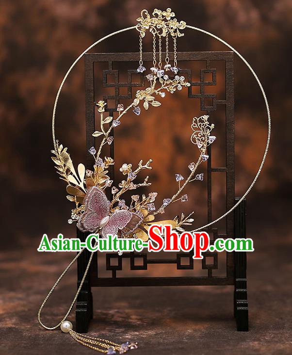 Chinese Traditional Wedding Pink Butterfly Fan Ancient Bride Palace Fans for Women