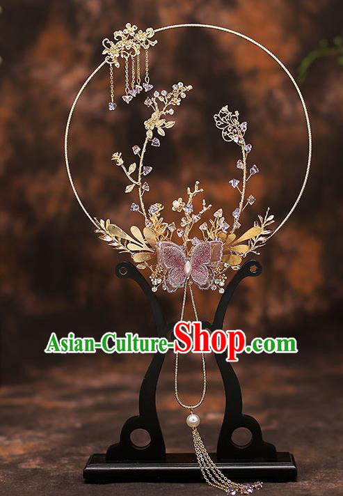 Chinese Traditional Wedding Pink Butterfly Fan Ancient Bride Palace Fans for Women