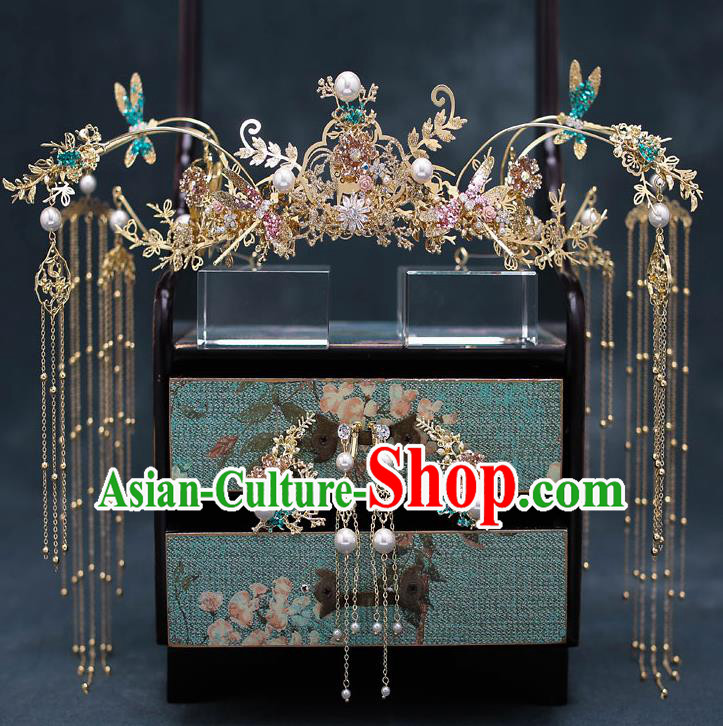 Top Chinese Traditional Bride Green Dragonfly Hair Crown Handmade Wedding Tassel Hairpins Hair Accessories Complete Set