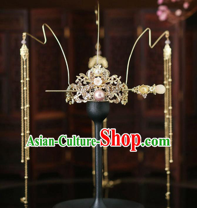 Top Chinese Traditional Bride Golden Dragonfly Hair Crown Handmade Wedding Tassel Hairpins Hair Accessories Complete Set