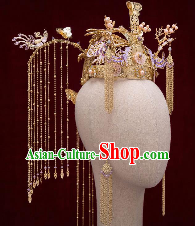 Top Chinese Traditional Bride Golden Phoenix Coronet Handmade Wedding Tassel Hairpins Hair Accessories Complete Set
