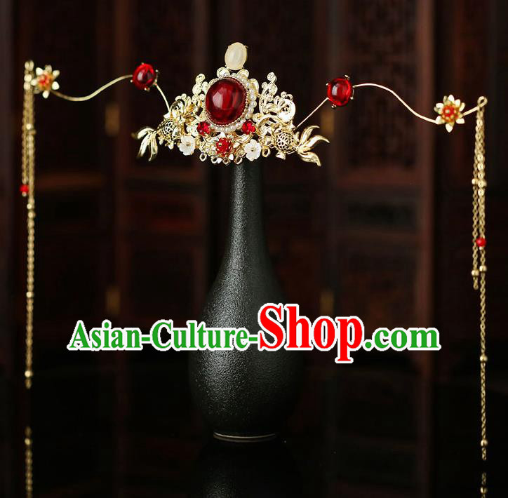 Top Chinese Traditional Bride Garnet Hair Crown Handmade Wedding Tassel Hairpins Hair Accessories Complete Set