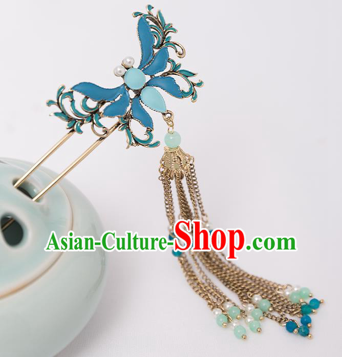 Top Chinese Traditional Blue Butterfly Hair Clip Handmade Hanfu Tassel Hairpins Hair Accessories for Women