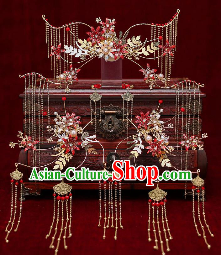 Top Chinese Traditional Bride Red Flowers Tassel Phoenix Coronet Handmade Wedding Tassel Hairpins Hair Accessories Complete Set