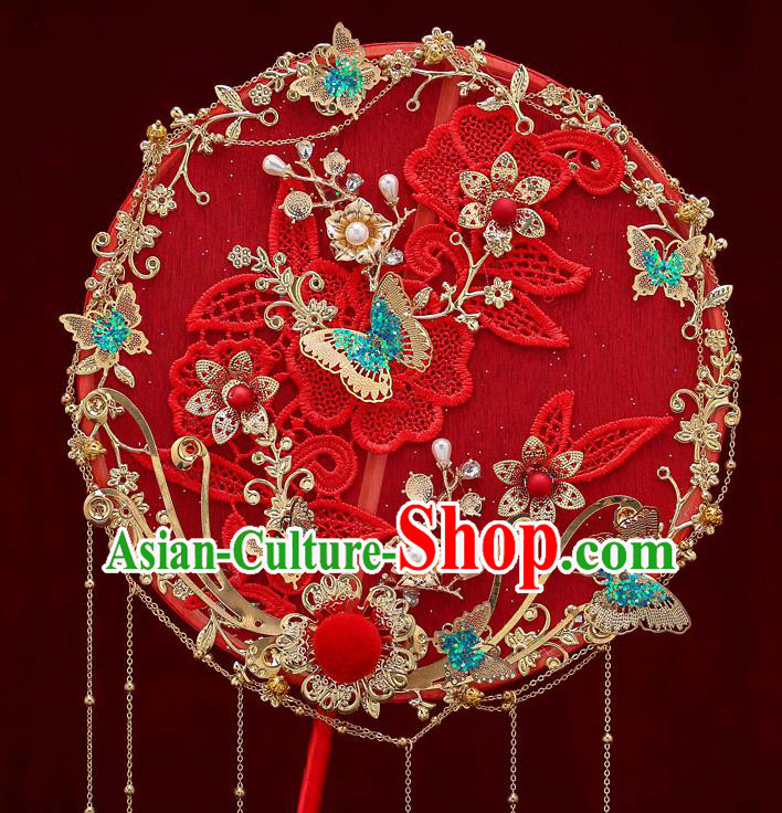 Chinese Traditional Wedding Long Handle Red Round Fan Ancient Bride Palace Fans for Women