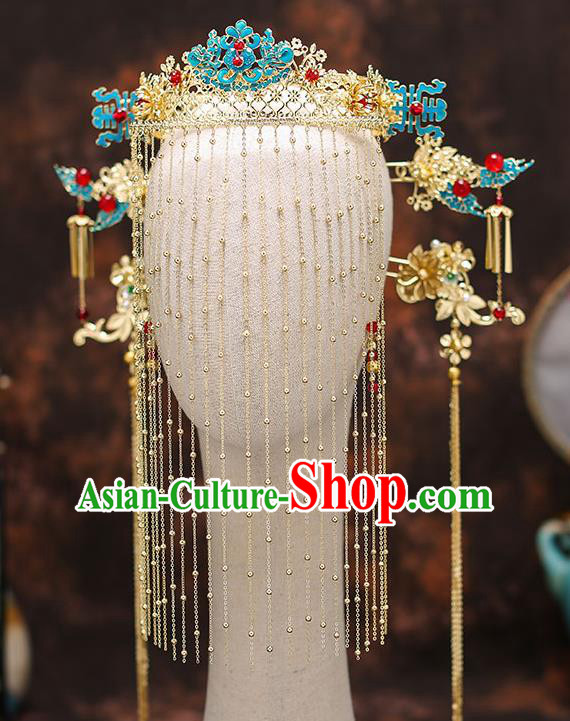 Top Chinese Traditional Court Bride Cloisonne Phoenix Coronet Handmade Wedding Tassel Hairpins Hair Accessories Complete Set