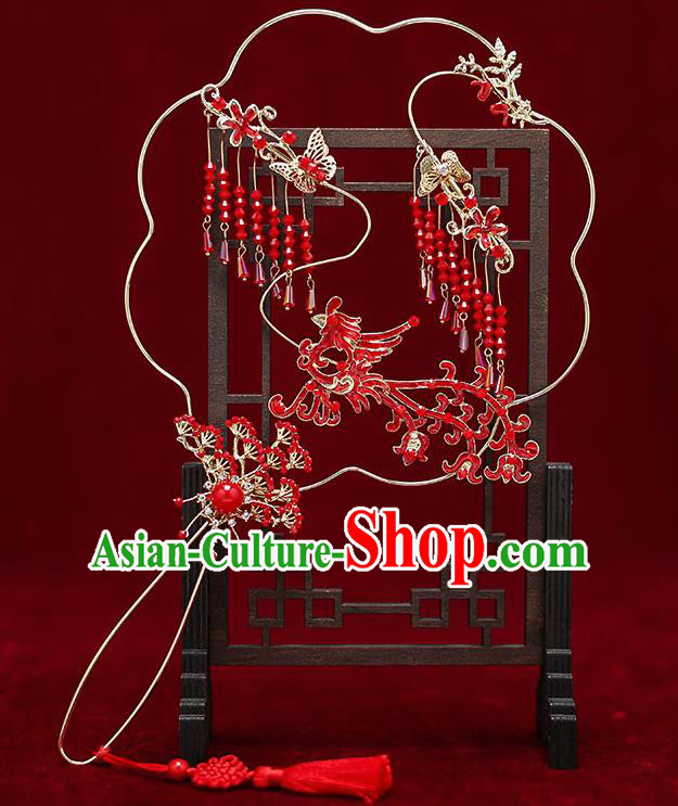 Chinese Traditional Wedding Red Pine Tassel Round Fan Ancient Bride Palace Fans for Women
