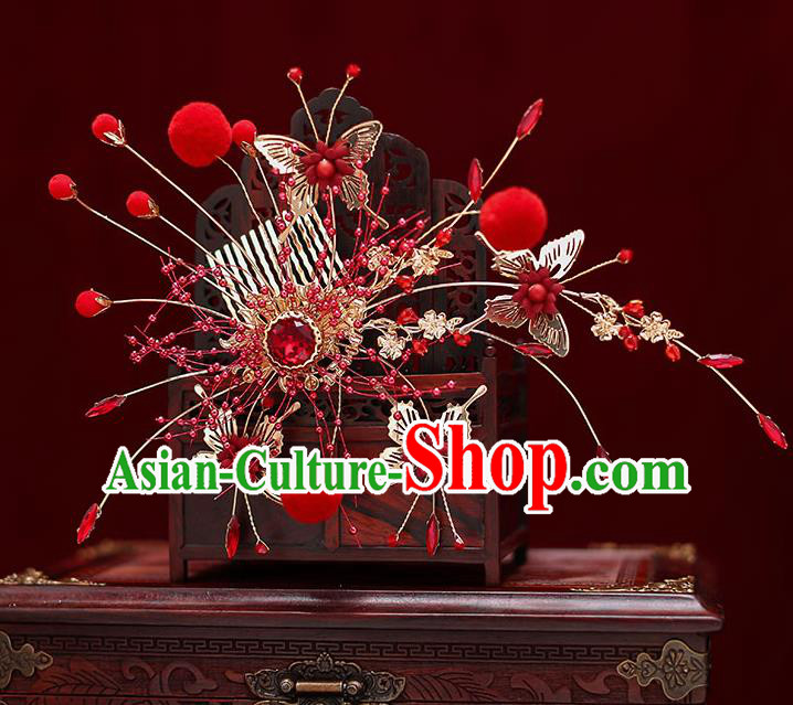 Top Chinese Traditional Bride Red Crystal Hair Comb Handmade Wedding Tassel Hairpins Hair Accessories Complete Set