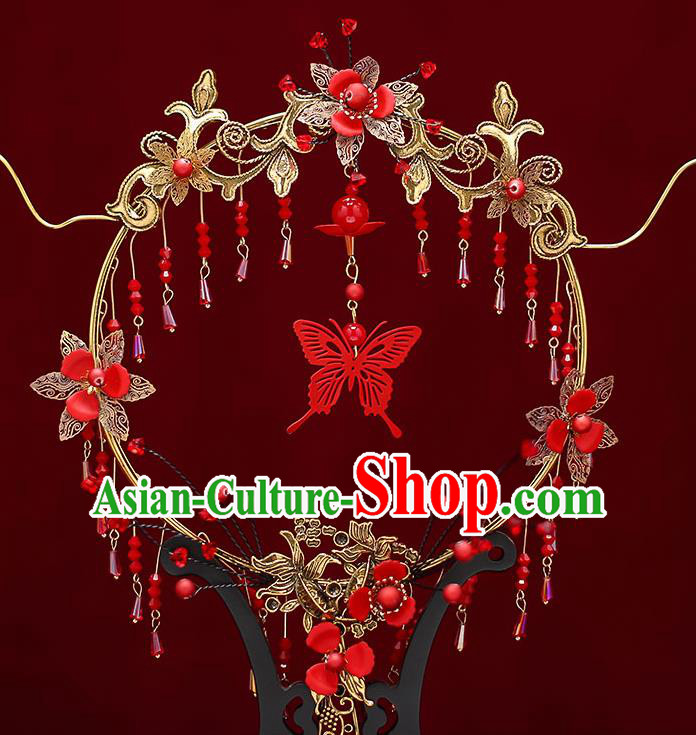 Chinese Traditional Wedding Red Butterfly Tassel Round Fan Ancient Bride Palace Fans for Women