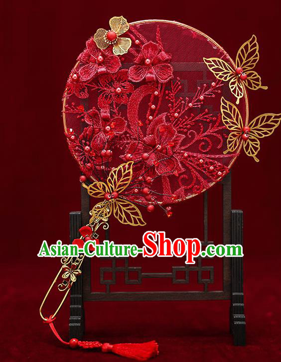 Chinese Traditional Wedding Red Lace Flowers Round Fan Ancient Bride Palace Fans for Women