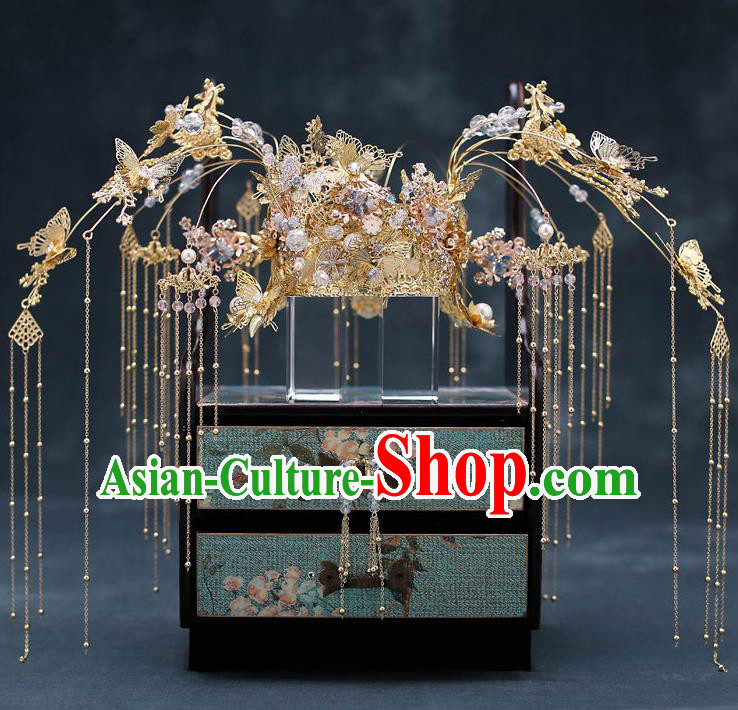 Top Chinese Traditional Bride Golden Butterfly Tassel Phoenix Coronet Handmade Wedding Tassel Hairpins Hair Accessories Complete Set