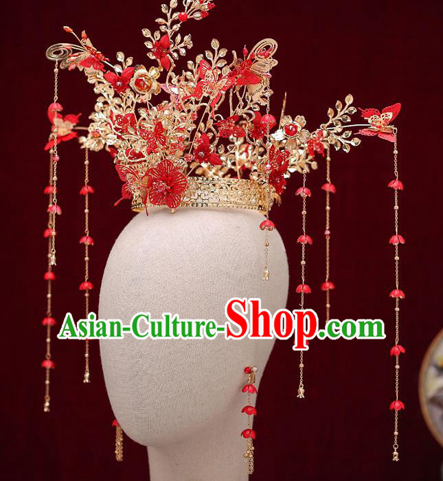 Top Chinese Traditional Bride Golden Hair Crown Handmade Hairpins Wedding Hair Accessories Complete Set