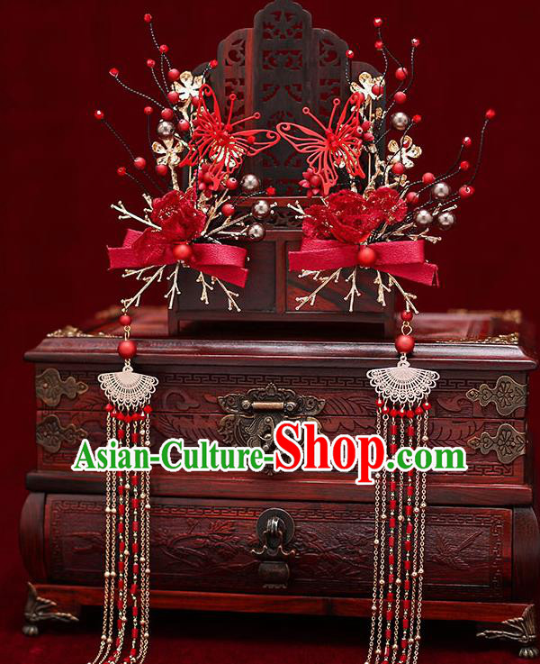 Top Chinese Traditional Bride Red Bowknot Hair Comb Handmade Hairpins Wedding Hair Accessories Complete Set