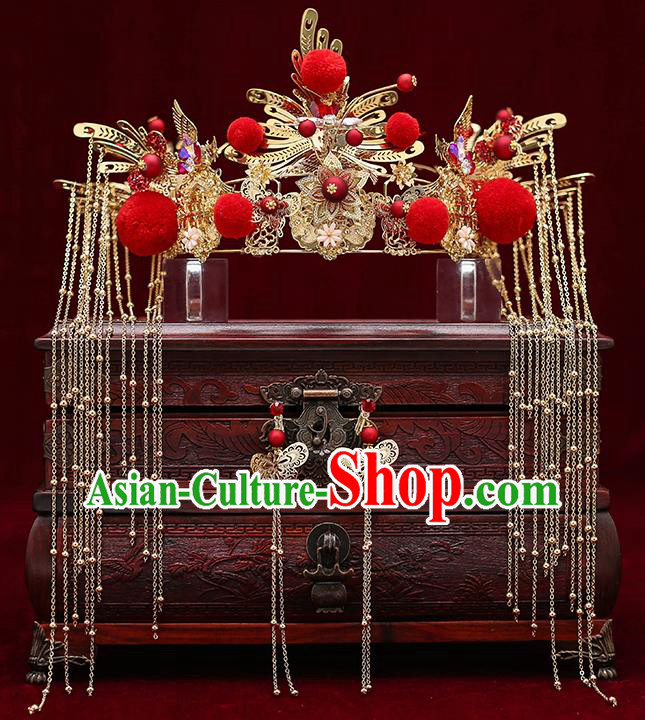 Top Chinese Traditional Bride Red Venonat Tassel Phoenix Coronet Handmade Wedding Tassel Hairpins Hair Accessories Complete Set