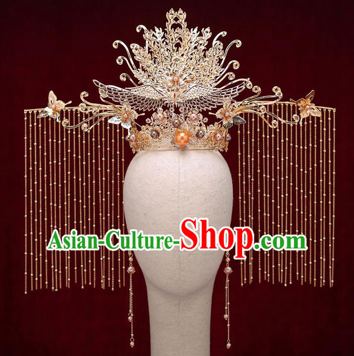Top Chinese Traditional Bride Phoenix Coronet Handmade Golden Hairpins Wedding Hair Accessories Complete Set