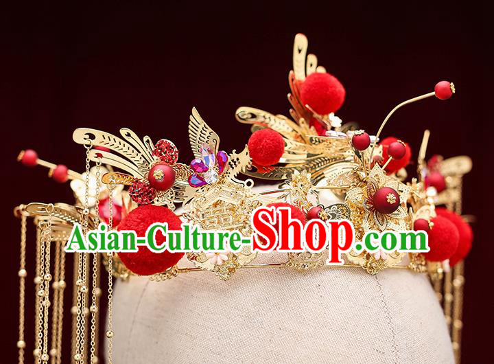 Top Chinese Traditional Bride Red Venonat Tassel Phoenix Coronet Handmade Wedding Tassel Hairpins Hair Accessories Complete Set