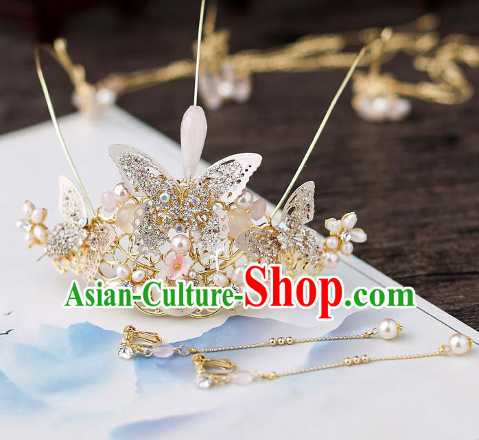 Top Chinese Traditional Bride Butterfly Tassel Hair Crown Handmade Hairpins Wedding Hair Accessories Complete Set