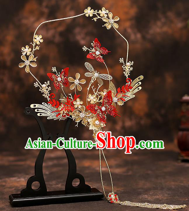 Chinese Traditional Wedding Prop Red Butterfly Fan Ancient Bride Palace Fans for Women