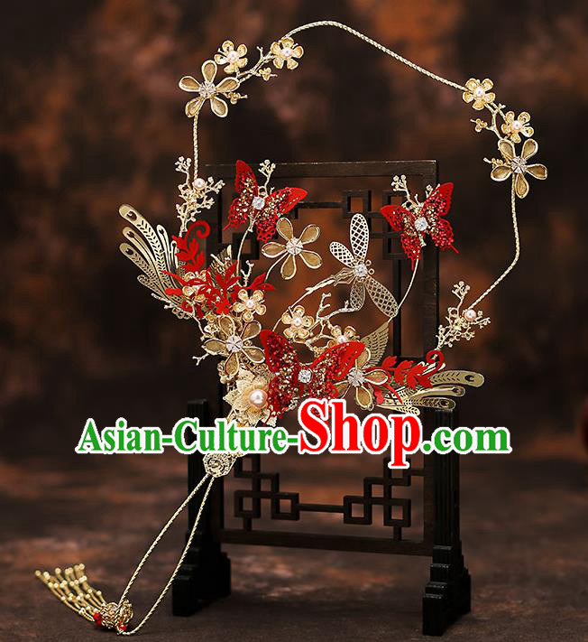 Chinese Traditional Wedding Prop Red Butterfly Fan Ancient Bride Palace Fans for Women