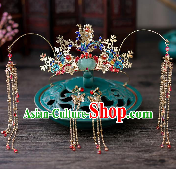 Top Chinese Traditional Bride Jade Lotus Tassel Phoenix Coronet Handmade Wedding Tassel Hairpins Hair Accessories Complete Set