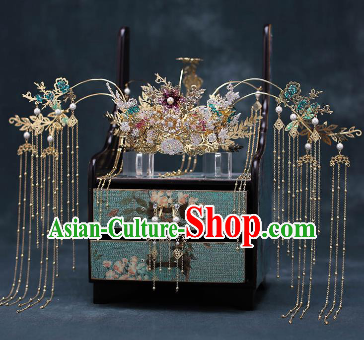 Top Chinese Traditional Bride Tassel Phoenix Coronet Handmade Wedding Tassel Hairpins Hair Accessories Complete Set