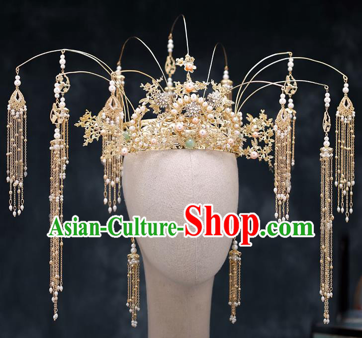Top Chinese Traditional Bride Luxury Pearls Phoenix Coronet Handmade Tassel Hairpins Wedding Hair Accessories Complete Set