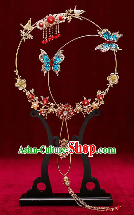 Chinese Traditional Wedding Prop Blue Crystal Butterfly Round Fan Ancient Bride Palace Fans for Women