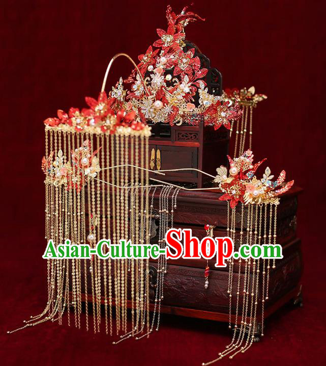 Top Chinese Traditional Bride Luxury Tassel Red Phoenix Coronet Handmade Tassel Hairpins Wedding Hair Accessories Complete Set