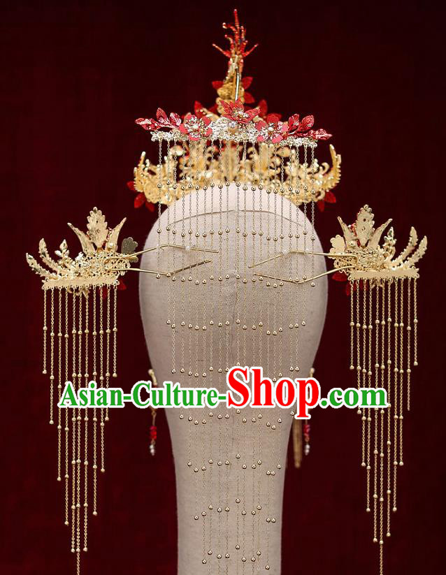 Top Chinese Traditional Bride Luxury Tassel Red Phoenix Coronet Handmade Tassel Hairpins Wedding Hair Accessories Complete Set