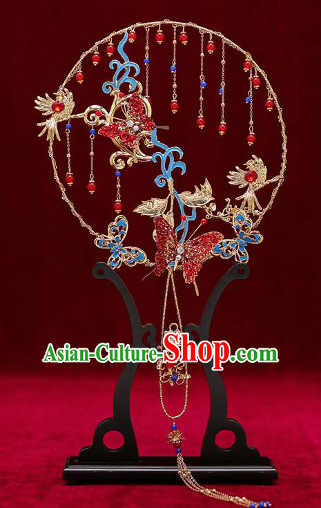 Chinese Traditional Wedding Prop Red Crystal Butterfly Round Fan Ancient Bride Palace Fans for Women