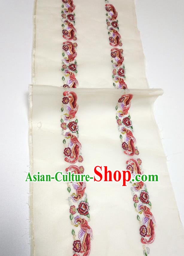 Asian Chinese Traditional Embroidered Phoenix Peony Pattern Design Beige Silk Fabric China Hanfu Silk Material