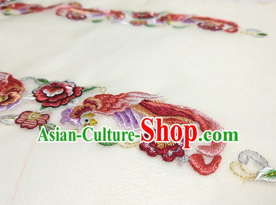 Asian Chinese Traditional Embroidered Phoenix Peony Pattern Design Beige Silk Fabric China Hanfu Silk Material