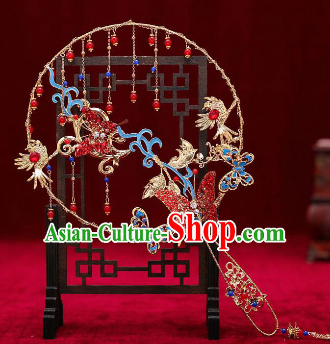 Chinese Traditional Wedding Prop Red Crystal Butterfly Round Fan Ancient Bride Palace Fans for Women