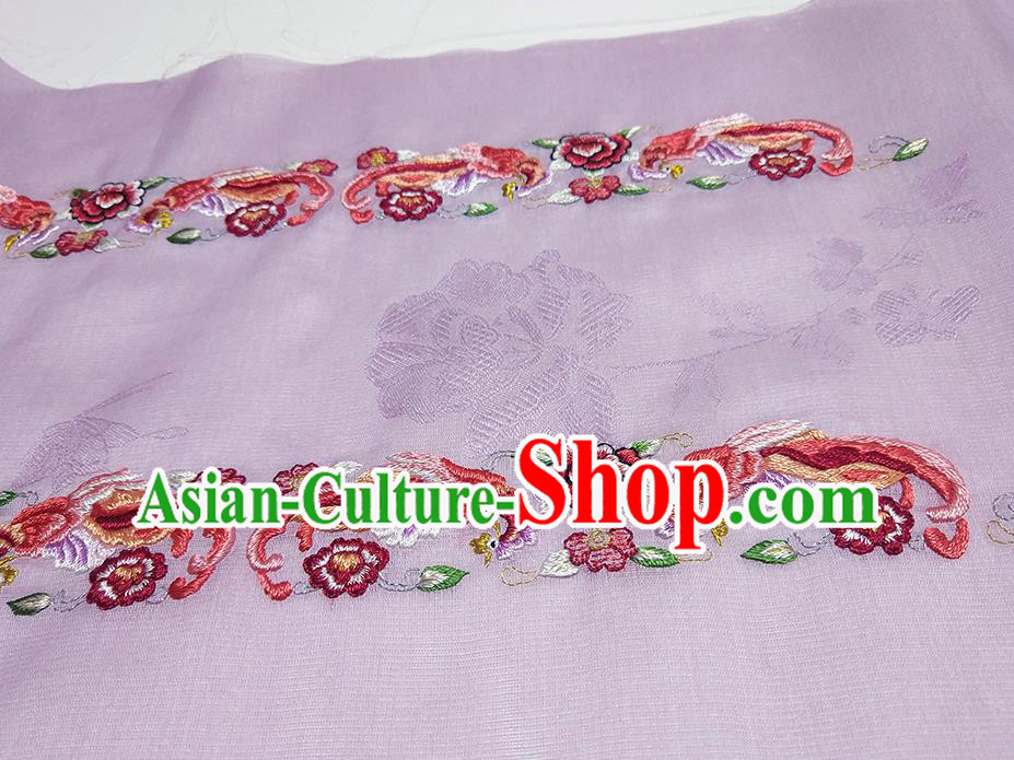 Asian Chinese Traditional Embroidered Phoenix Peony Pattern Design Lilac Silk Fabric China Hanfu Silk Material
