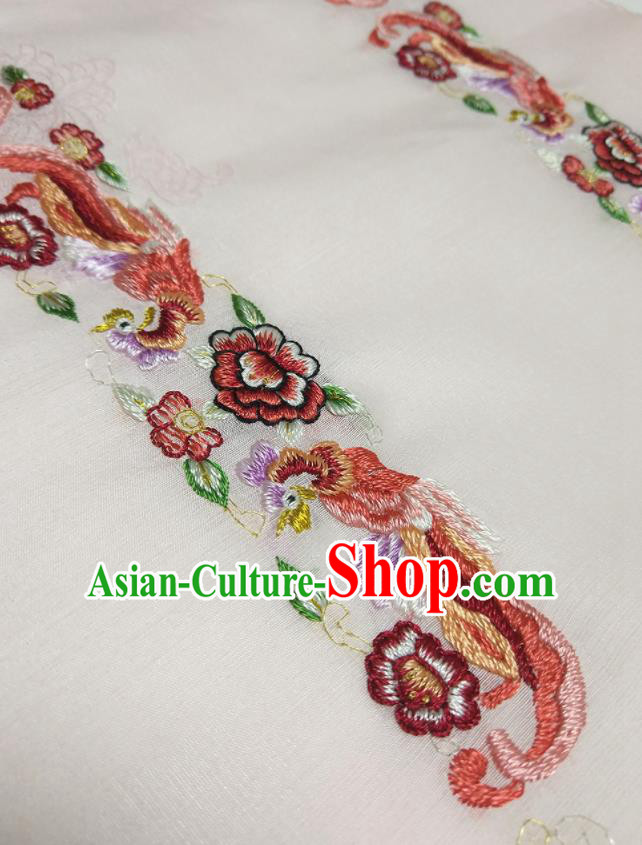 Asian Chinese Traditional Embroidered Phoenix Peony Pattern Design Light Pink Silk Fabric China Hanfu Silk Material