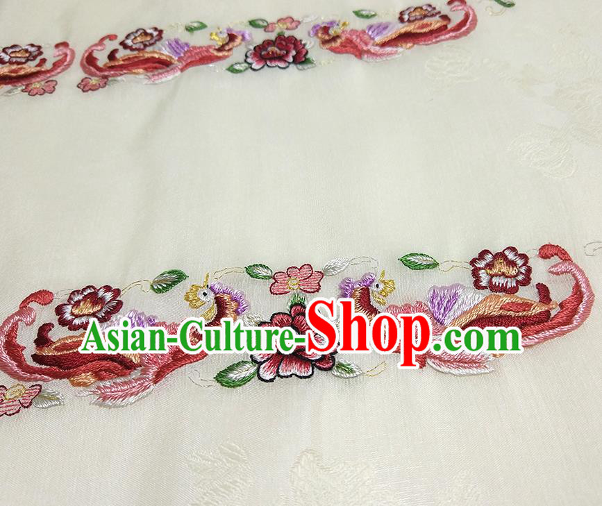 Asian Chinese Traditional Embroidered Phoenix Peony Pattern Design Light Yellow Silk Fabric China Hanfu Silk Material