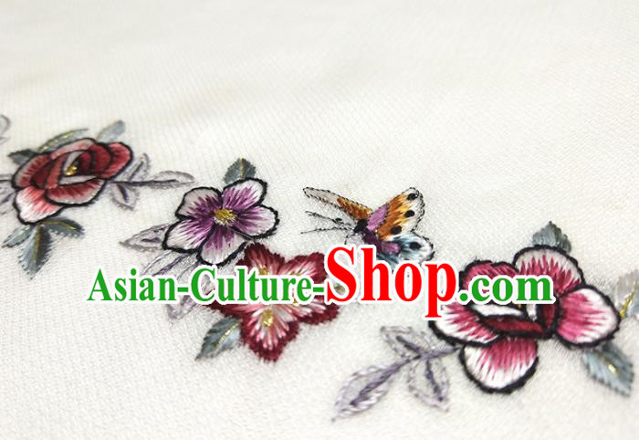 Asian Chinese Traditional Embroidered Butterfly Flowers Pattern Design White Silk Fabric China Hanfu Silk Material