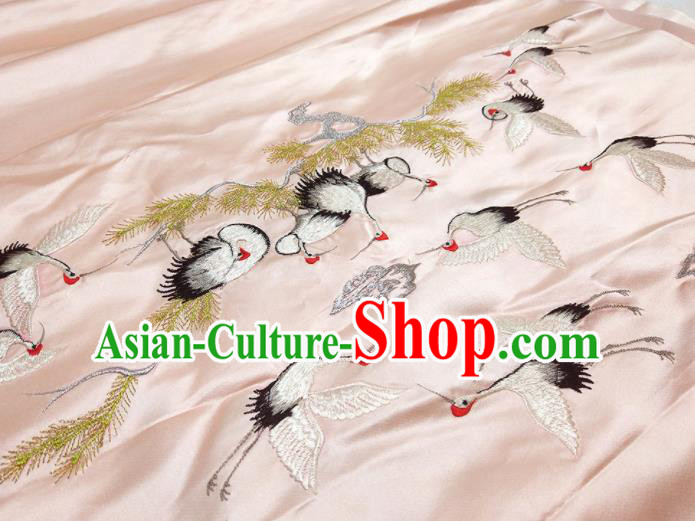 Asian Chinese Traditional Embroidered Cranes Pine Pattern Design Pink Silk Fabric China Hanfu Silk Material