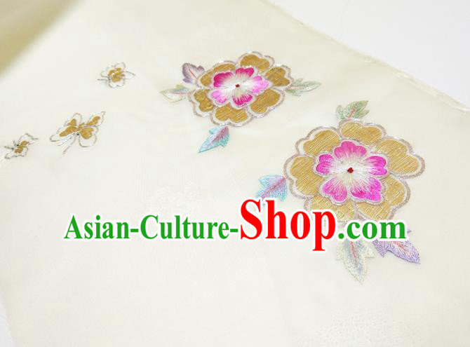 Asian Chinese Traditional Embroidered Flowers Pattern Design Beige Silk Fabric China Hanfu Silk Material