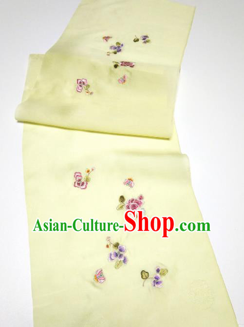 Asian Chinese Traditional Embroidered Flowers Pattern Design Light Yellow Silk Fabric China Hanfu Silk Material