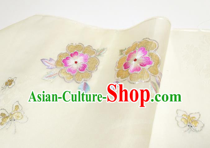Asian Chinese Traditional Embroidered Flowers Pattern Design Beige Silk Fabric China Hanfu Silk Material