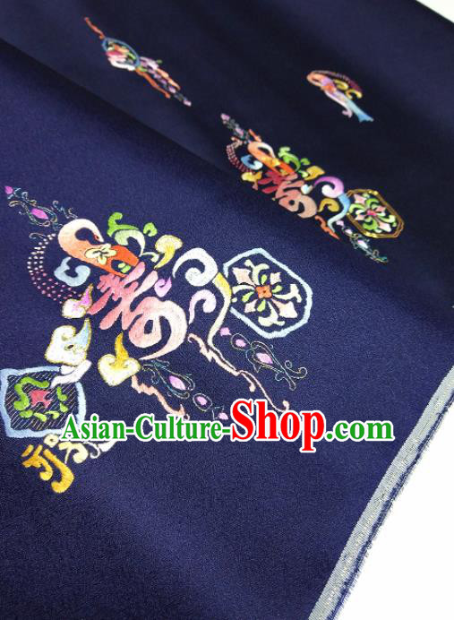 Asian Chinese Traditional Embroidered Longevity Pattern Design Navy Silk Fabric China Hanfu Silk Material
