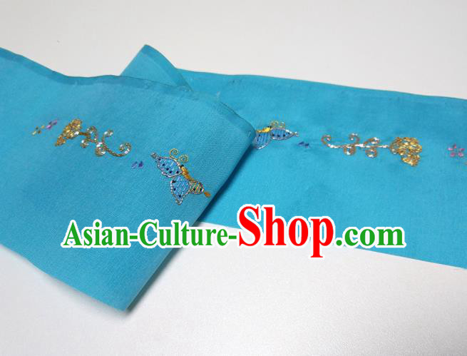 Asian Chinese Traditional Embroidered Butterfly Pattern Design Blue Silk Fabric China Hanfu Silk Material